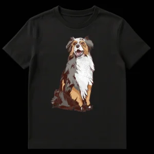 Distressed graphic t-shirt with a stylized, happy Australian Shepherd dog design in earthy tones on a black background. on Black t-shirt