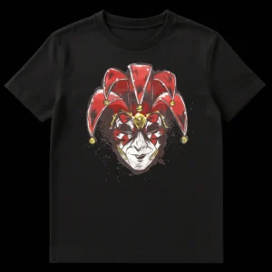 Stylized Jester Mask and Hat with Bells Graphic T-Shirt on Black t-shirt