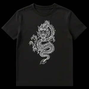Detailed white line art East Asian dragon design on a black t-shirt, showcasing intricate scales and fierce expression. on Black t-shirt