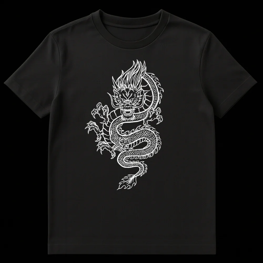 Detailed white line art East Asian dragon design on a black t-shirt, showcasing intricate scales and fierce expression. on Black t-shirt