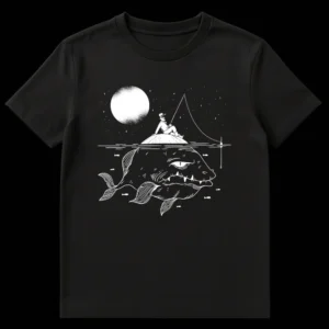Black and white t-shirt design showing a fisherman on a rock under a full moon, with a colossal, sharp-toothed monster fish lurking directly below his bait. on Black t-shirt