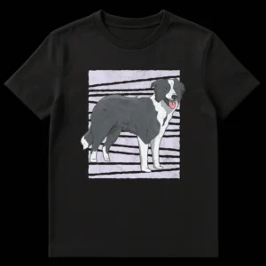Stylized Border Collie dog t-shirt with distressed vintage look and striped background, for dog lovers on Black t-shirt