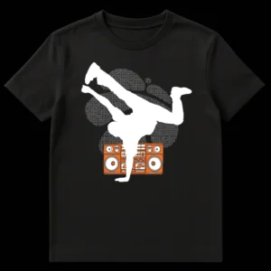 White silhouette of a breakdancer balancing on an orange boombox, with black and white halftone background shapes. Represents hip-hop culture and street dance. on Black t-shirt