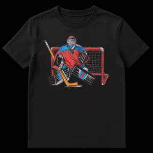 Distressed cartoon illustration of an ice hockey goalie in a ready stance, wearing a full uniform with red and blue accents, in front of a hockey net, on a black background. on Black t-shirt