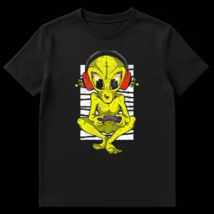 Cartoon chartreuse alien wearing headphones, intensely playing video games with a controller, against a striped background, in a distressed style. on Black t-shirt