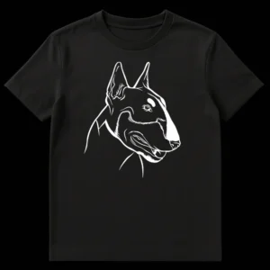 Minimalist white line art portrait of a Bull Terrier dog on a black t-shirt on Black t-shirt