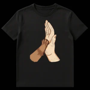 Distressed graphic t-shirt showing a human hand and a dog paw giving a high five, symbolizing pet-human bond on Black t-shirt