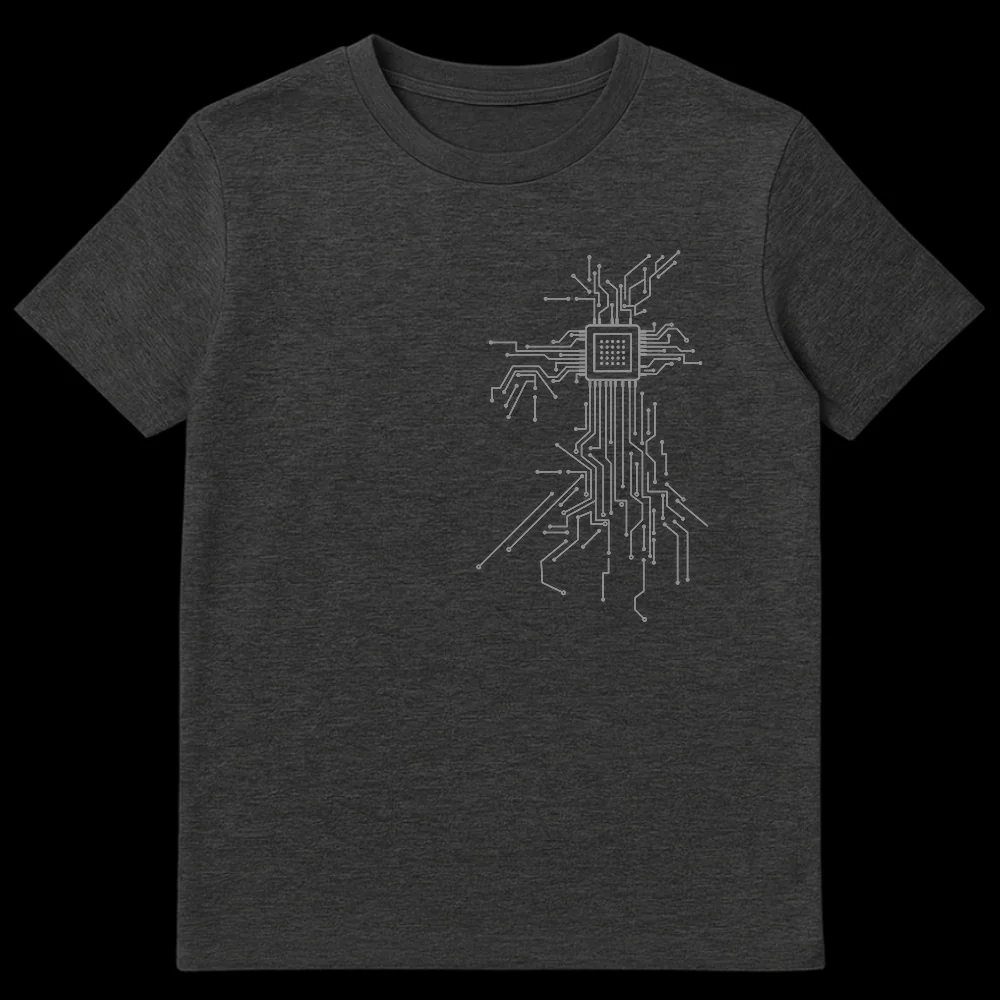 Minimalist black t-shirt with a gray CPU circuit diagram forming a cross shape on Dark Heather t-shirt