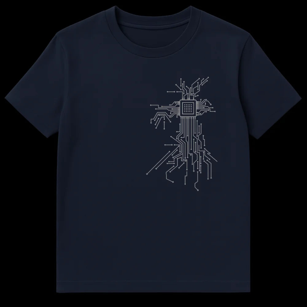 Minimalist black t-shirt with a gray CPU circuit diagram forming a cross shape on Navy Blue t-shirt