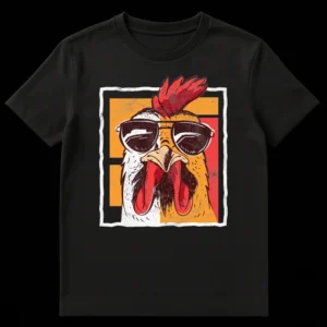 Distressed retro graphic t-shirt with a cool rooster wearing aviator sunglasses on a black background. on Black t-shirt