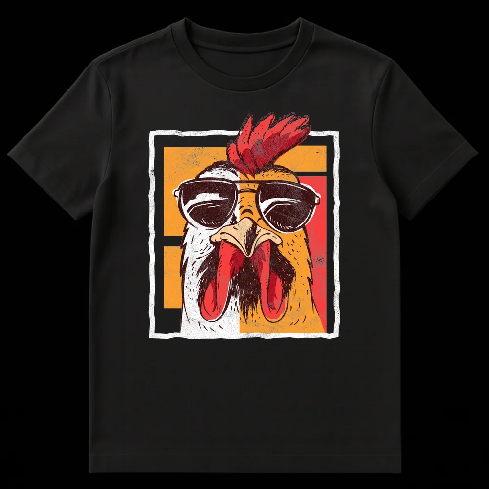 Distressed retro graphic t-shirt with a cool rooster wearing aviator sunglasses on a black background. on Black t-shirt