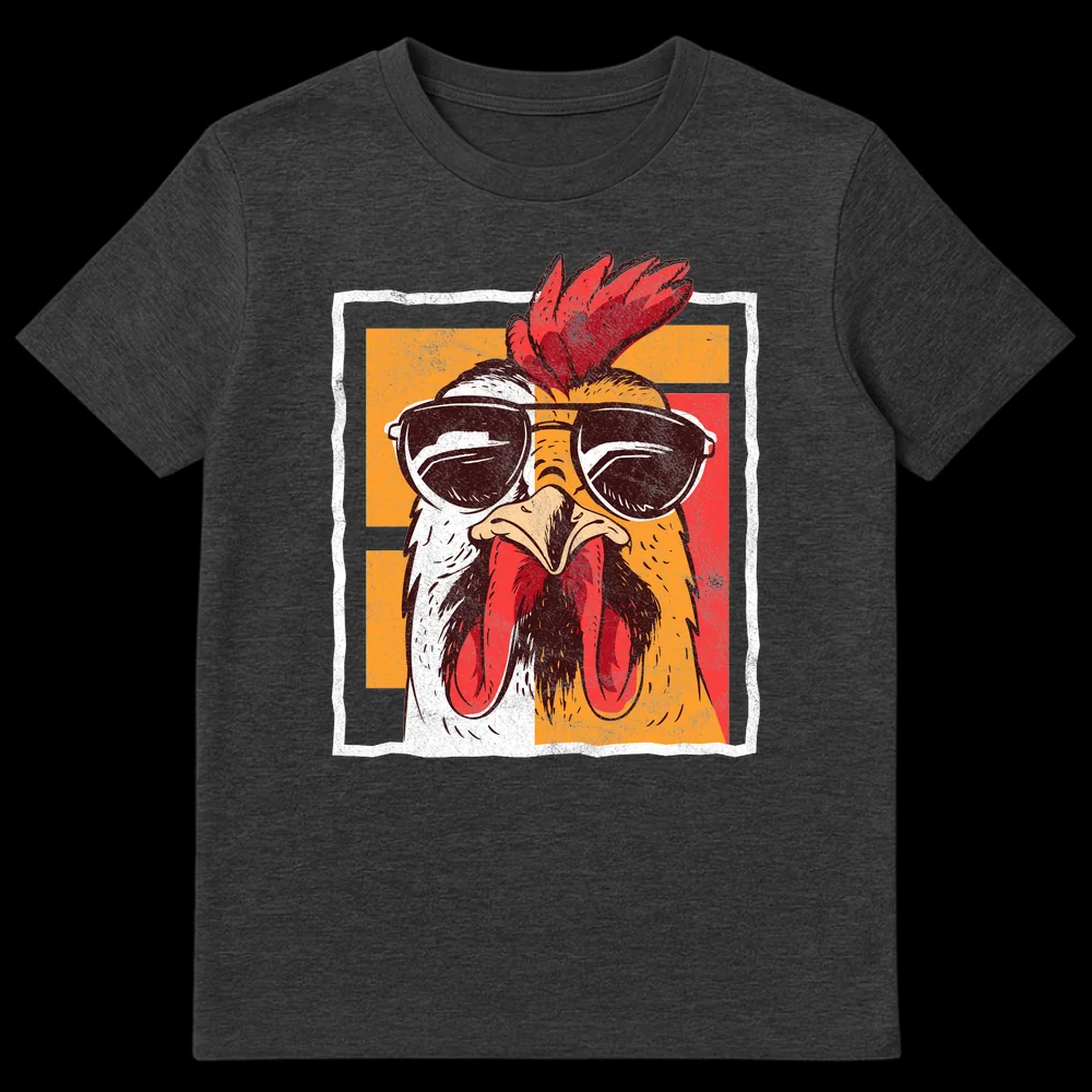 Distressed retro graphic t-shirt with a cool rooster wearing aviator sunglasses on a black background. on Dark Heather t-shirt