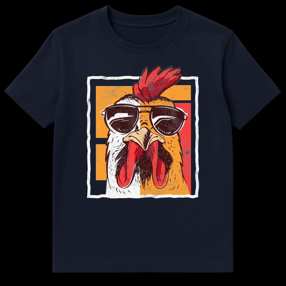 Distressed retro graphic t-shirt with a cool rooster wearing aviator sunglasses on a black background. on Navy Blue t-shirt