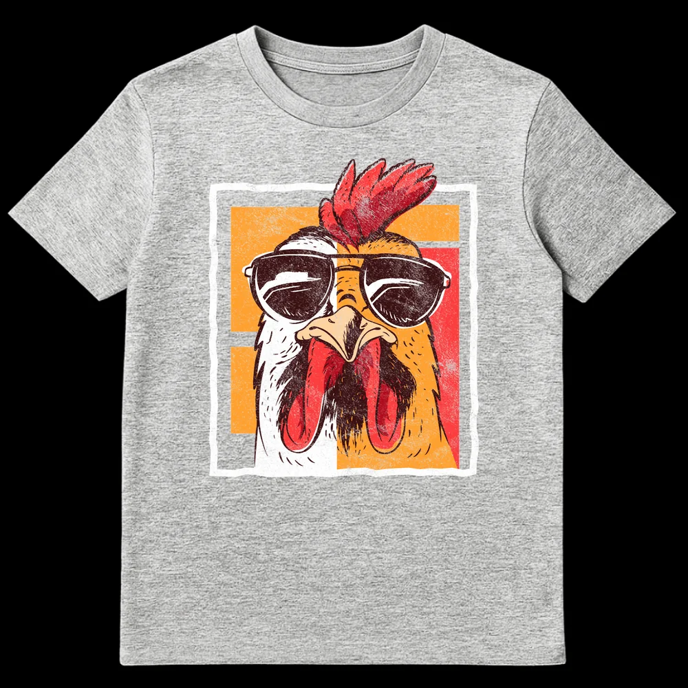 Distressed retro graphic t-shirt with a cool rooster wearing aviator sunglasses on a black background. on Sports Grey t-shirt