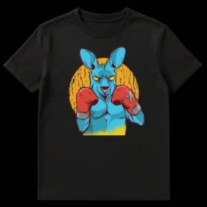 Muscular Boxing Kangaroo T-Shirt, aggressive fighter animal with red boxing gloves and glowing eyes on a yellow grunge circle background on Black t-shirt