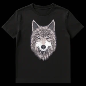 Detailed graphic t-shirt featuring a front-facing gray wolf head with a subtle smirk and distressed texture on a black background. on Black t-shirt