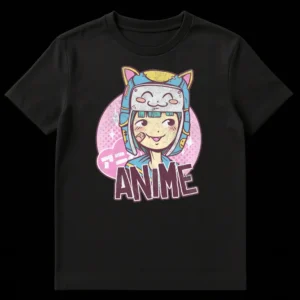 Anime Enthusiast T-Shirt with kawaii cat girl character, 'ANIME' text, and Japanese katakana 'アニ' on Black t-shirt
