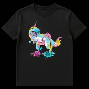 Unicorn T-Rex dinosaur t-shirt design with vibrant paint splatters on a black background. on Black t-shirt