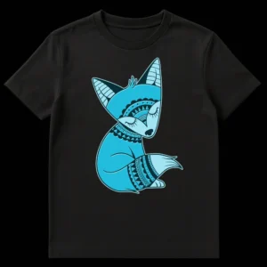 Stylized patterned fox t-shirt in blue tones on black, featuring intricate zentangle and mandala-inspired details, bohemian folk art style on Black t-shirt