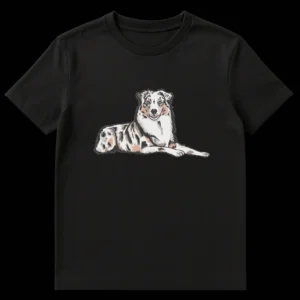 Stylized merle Australian Shepherd dog with blue eyes, retro comic art style t-shirt design on Black t-shirt