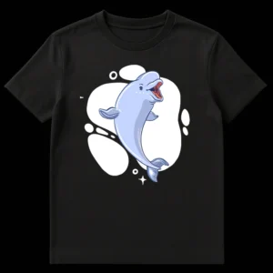 Joyful Singing Beluga Whale Cartoon T-Shirt Design with Water Splashes on Black t-shirt