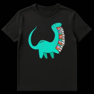 Cartoon teal dinosaur with a stack of colorful books forming its spine on a black t-shirt. A visual pun for book lovers and reading enthusiasts. on Black t-shirt