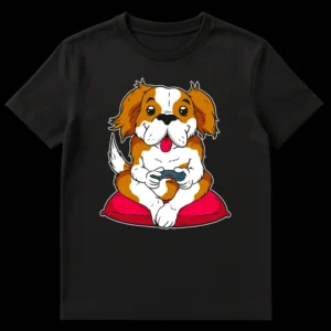 Cartoon fluffy dog playing video games on a red pillow with a teal controller on a black background on Black t-shirt