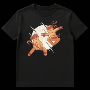 Two cartoon gingerbread men ninjas fighting with candy cane and shuriken on a distressed off-white circle background on Black t-shirt
