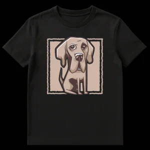 Soulful Dog Portrait T-Shirt, stylized melancholic dog in rustic frame, earthy tones, black background on Black t-shirt