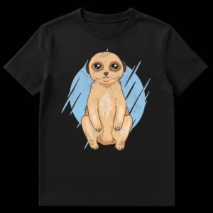 Distressed cartoon illustration of an upright meerkat on a black t-shirt with a blue textured background on Black t-shirt