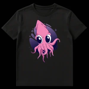 Cute Pink Squid Kawaii Marine Life T-Shirt design on black background on Black t-shirt