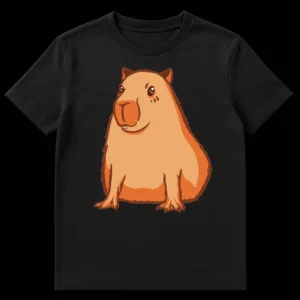 Cute cartoon capybara t-shirt design with a peaceful smiling expression in warm earthy colors. on Black t-shirt