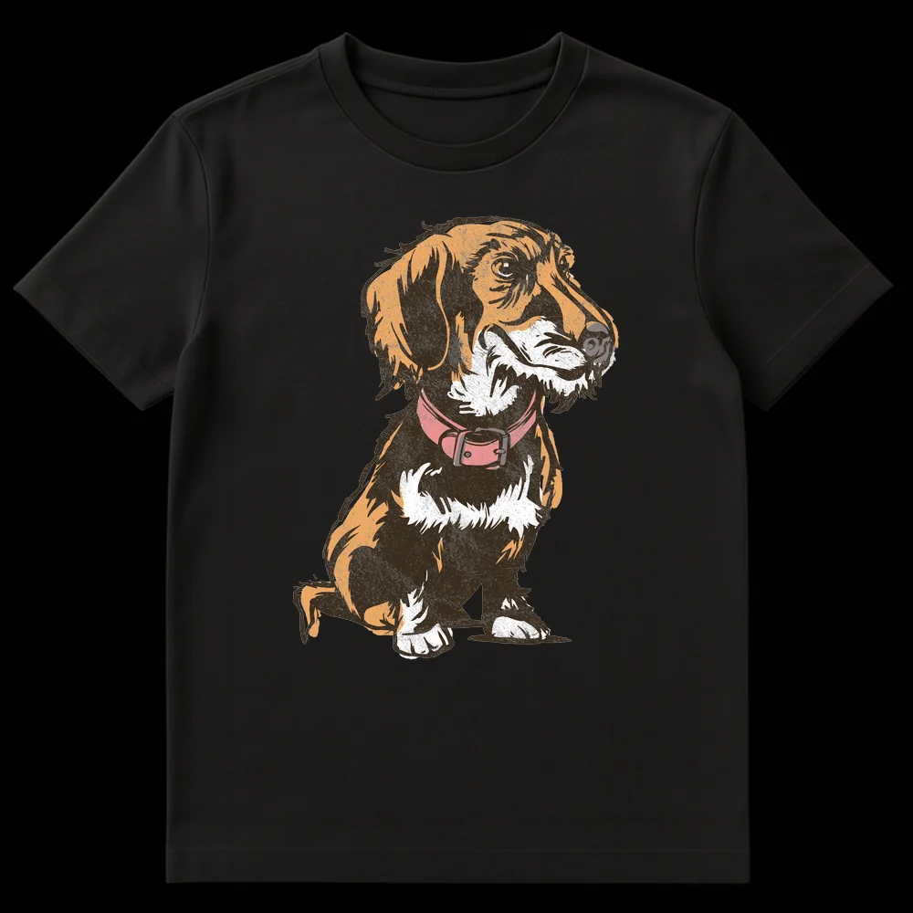 Distressed illustration of a long-haired Wirehaired Dachshund wearing a pink collar on a black t-shirt on Black t-shirt