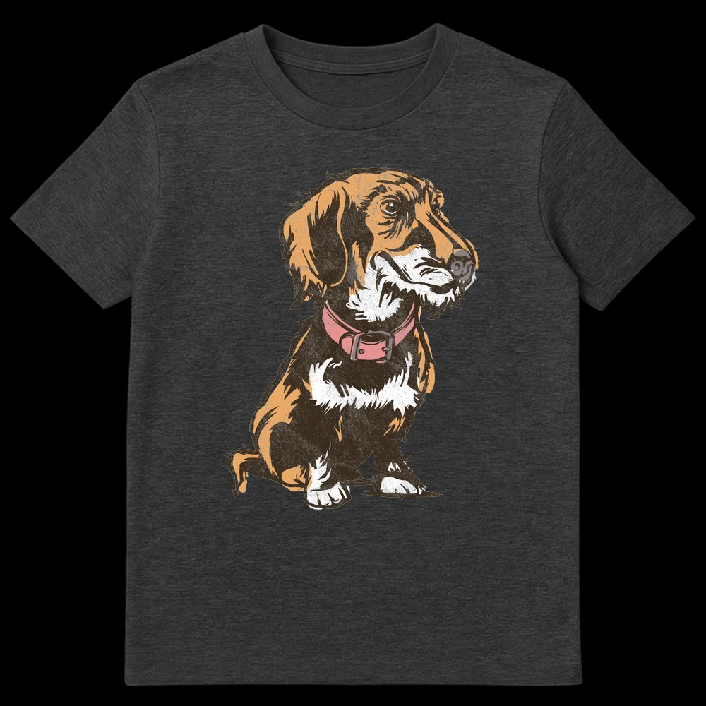 Distressed illustration of a long-haired Wirehaired Dachshund wearing a pink collar on a black t-shirt on Dark Heather t-shirt