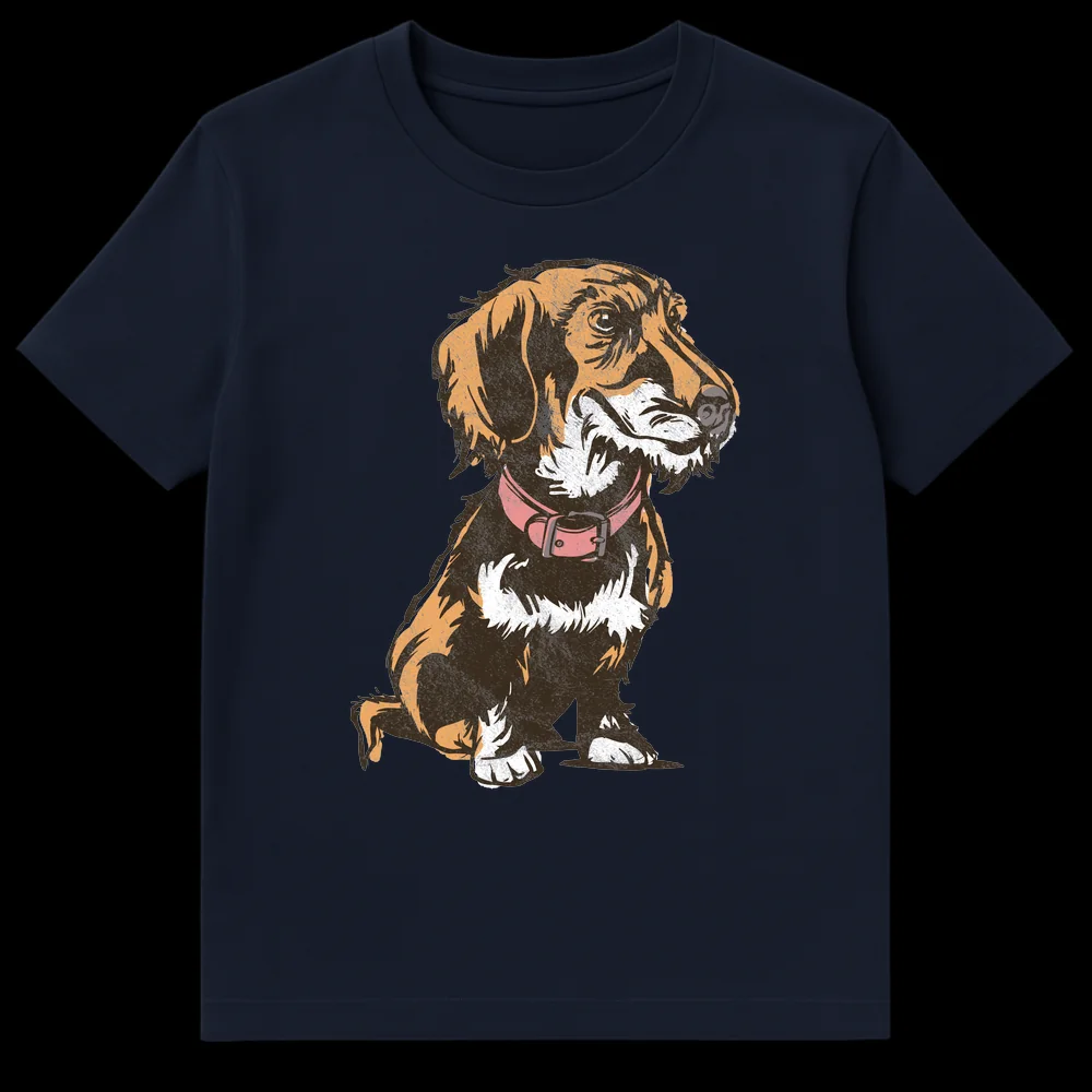 Distressed illustration of a long-haired Wirehaired Dachshund wearing a pink collar on a black t-shirt on Navy Blue t-shirt