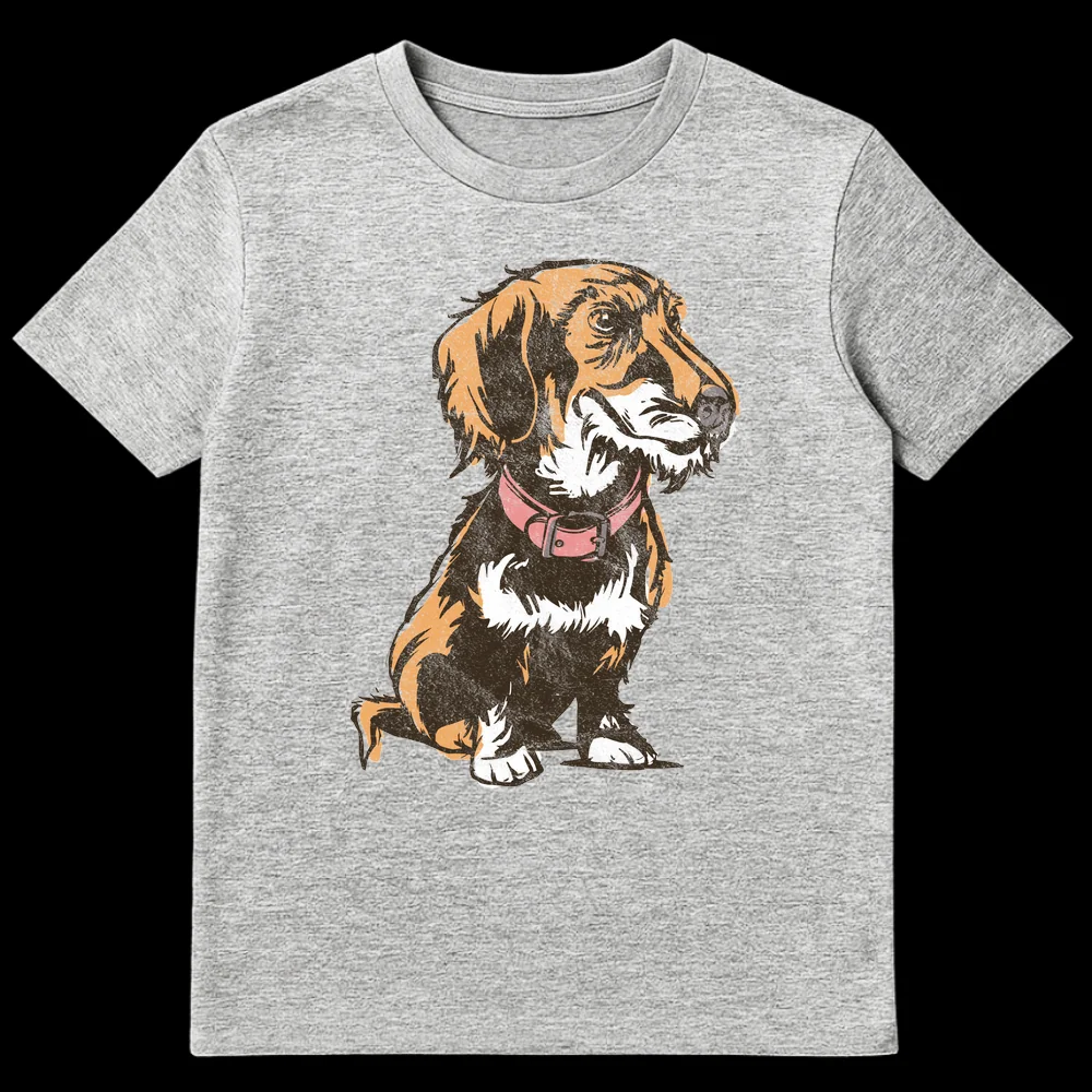 Distressed illustration of a long-haired Wirehaired Dachshund wearing a pink collar on a black t-shirt on Sports Grey t-shirt