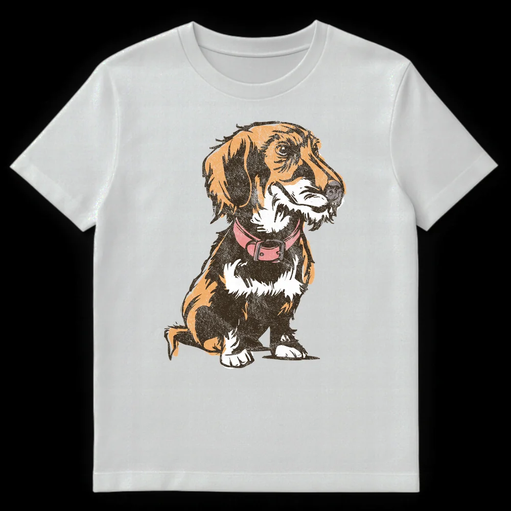 Distressed illustration of a long-haired Wirehaired Dachshund wearing a pink collar on a black t-shirt on White t-shirt