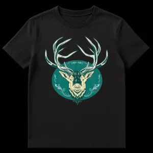 Vintage distressed t-shirt design with a majestic stag head and antlers framed by ornamental flourishes in dark teal and off-white on a black background. on Black t-shirt