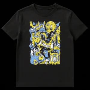 Chaotic monster doodle art t-shirt with yellow and blue creatures on black background, distressed texture on Black t-shirt