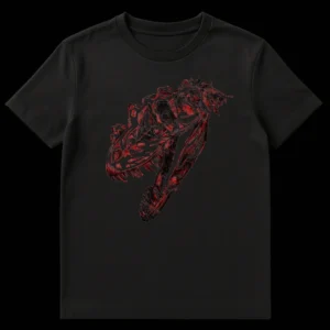 Aggressive abstract red and black T-Rex head t-shirt design, featuring a roaring Tyrannosaurus Rex in a sketch art style, for dinosaur enthusiasts. on Black t-shirt