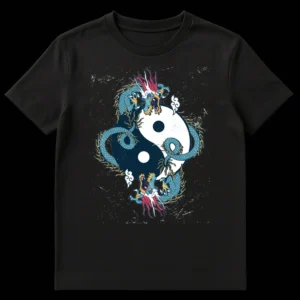 Two vibrant Asian dragons entwined around a Yin-Yang symbol on a black t-shirt, in a distressed neo-traditional style. on Black t-shirt