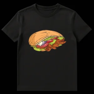Cartoon illustration of a generously filled pita bread sandwich with meat, lettuce, tomato, and red onion. on Black t-shirt