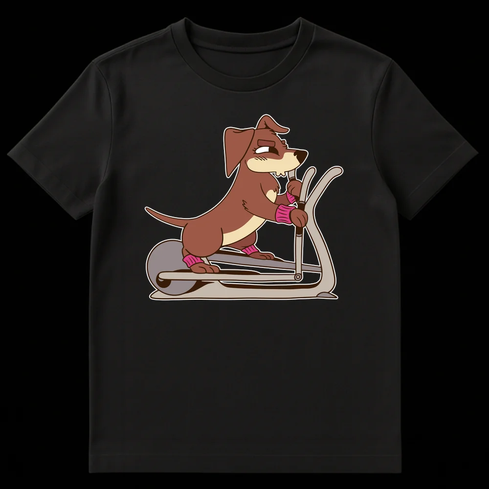 Cartoon brown dog with pink wristbands on an elliptical machine, with a determined expression, white outline on black background. on Black t-shirt