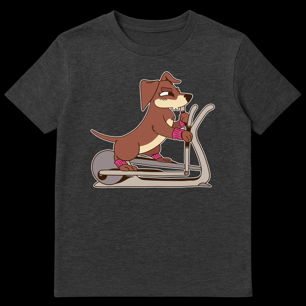 Cartoon brown dog with pink wristbands on an elliptical machine, with a determined expression, white outline on black background. on Dark Heather t-shirt