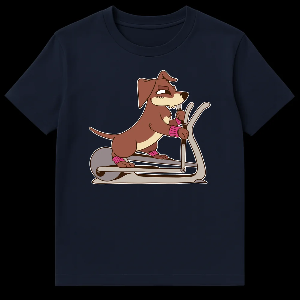 Cartoon brown dog with pink wristbands on an elliptical machine, with a determined expression, white outline on black background. on Navy Blue t-shirt