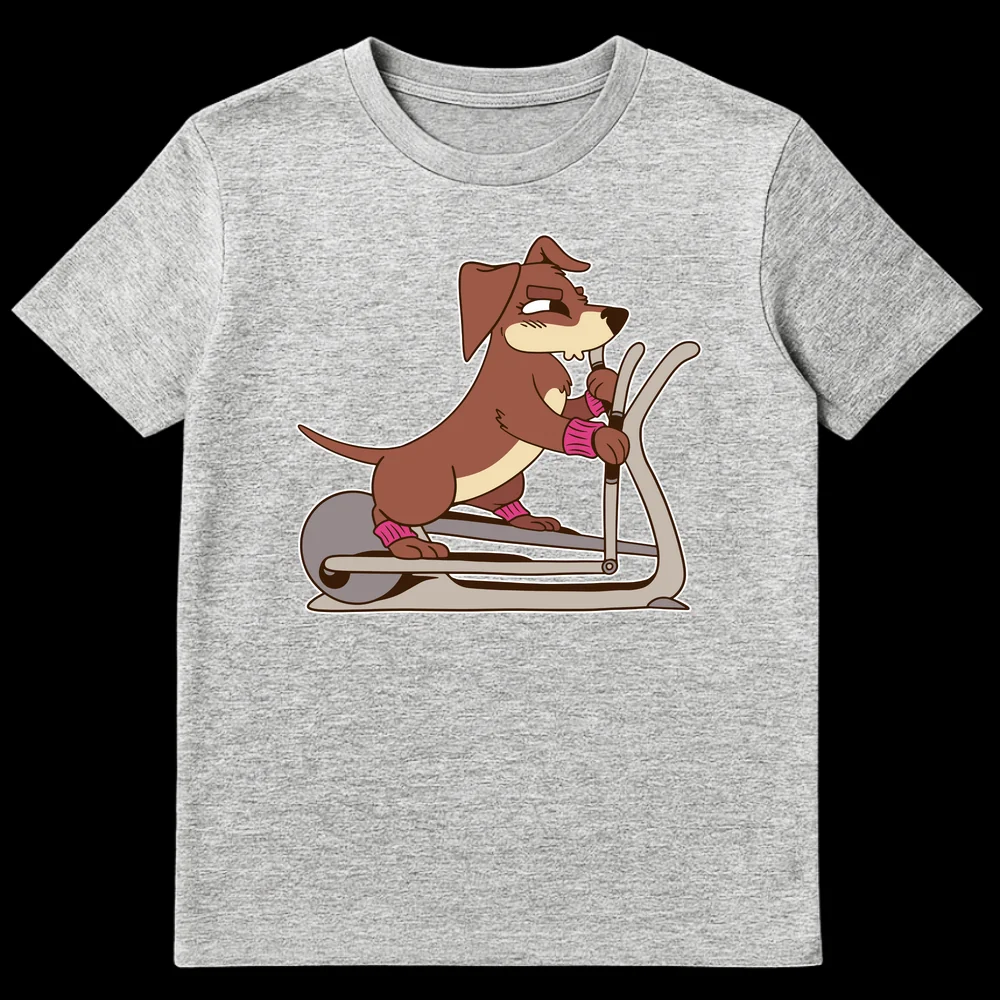 Cartoon brown dog with pink wristbands on an elliptical machine, with a determined expression, white outline on black background. on Sports Grey t-shirt