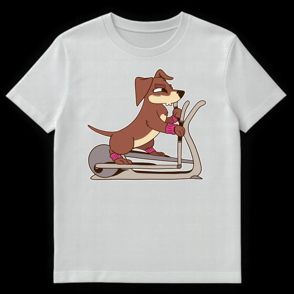 Cartoon brown dog with pink wristbands on an elliptical machine, with a determined expression, white outline on black background. on White t-shirt