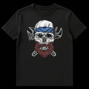 Neo-traditional tattoo art t-shirt design featuring a bearded skull with a blue bandana and crossed mechanic's wrenches on a black background. on Black t-shirt