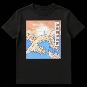 Distressed Great Wave off Kanagawa Japanese art t-shirt with original Hokusai text on Black t-shirt