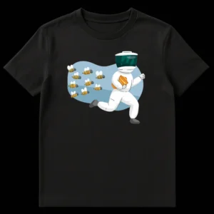 Humorous t-shirt design of a beekeeper running with a honeycomb, chased by angry cartoon bees, set against a light blue background. on Black t-shirt
